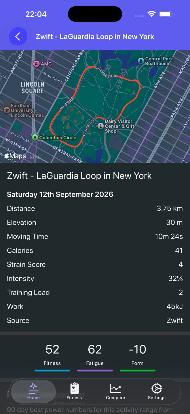 Soona Activity screen with a route map and ride metrics